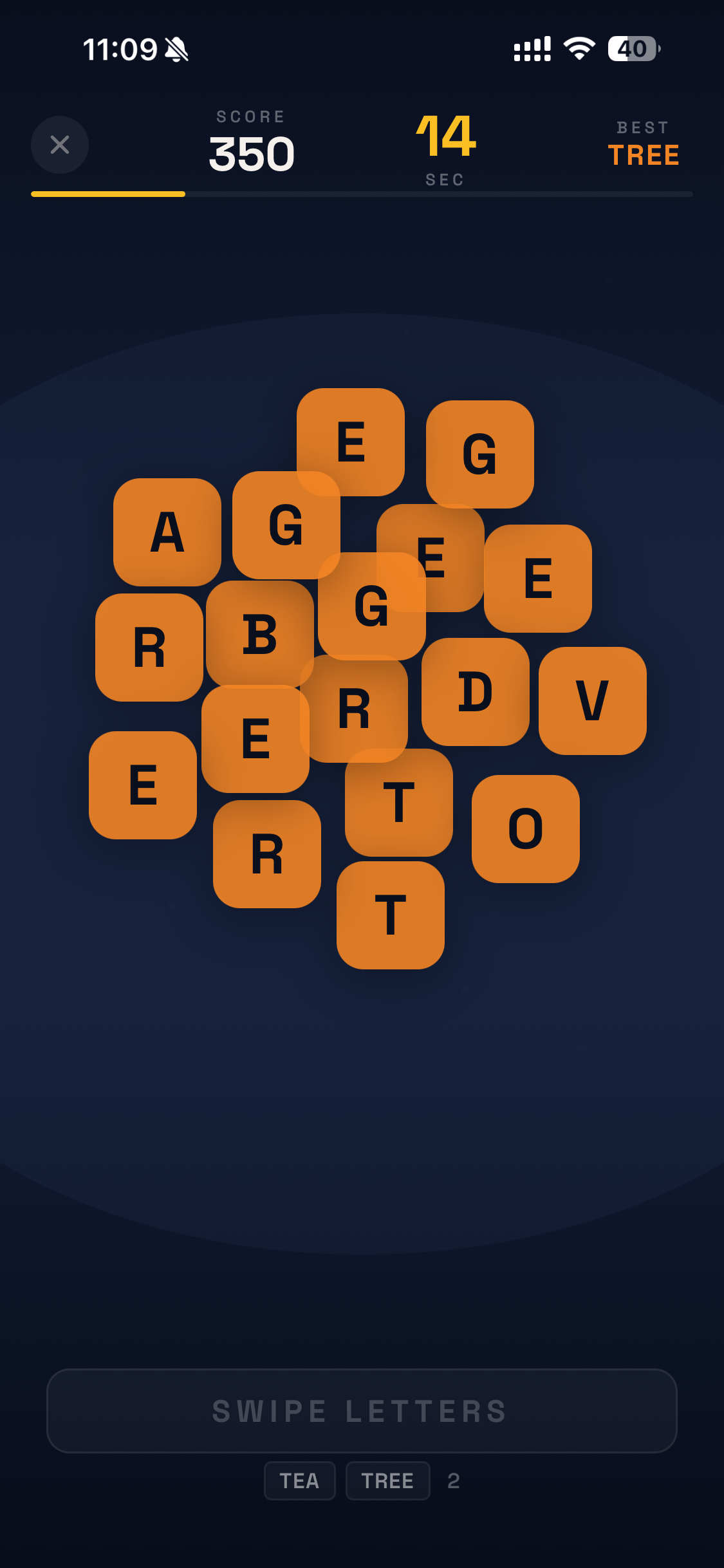 Word Slicer gameplay with floating letter tiles