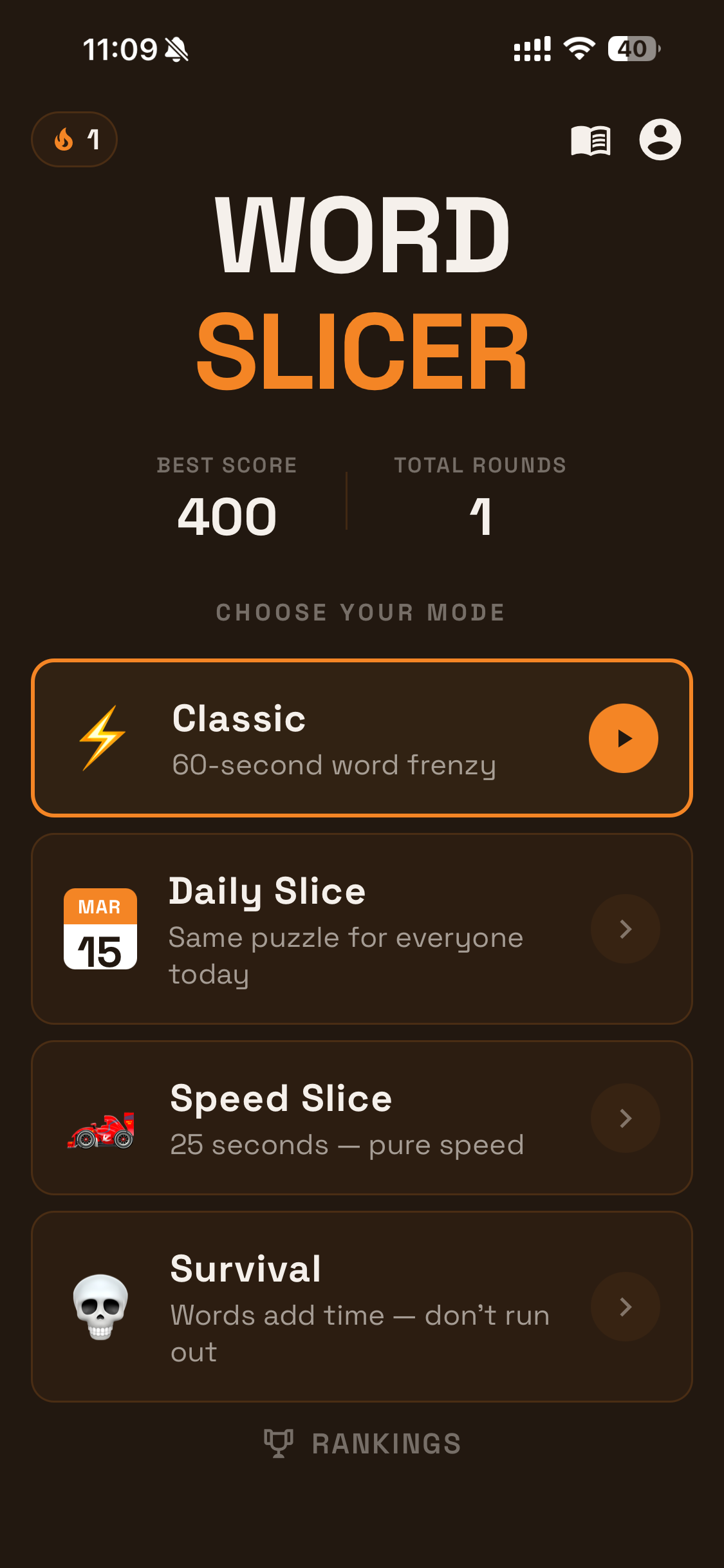 Word Slicer home screen showing game modes